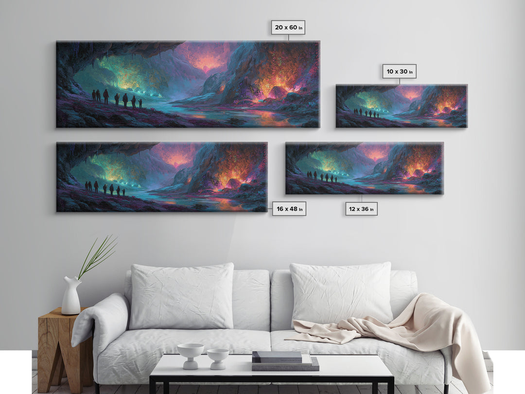 Mystical Illuminated Cave Explorers Awesome Fantasy Landscape Artwork Canvas Print Wall Art For Unique Home Decor