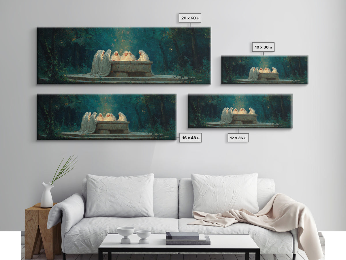 Spiritual Gathering Of Monks Around Glowing Stone Altar Framed Canvas Print