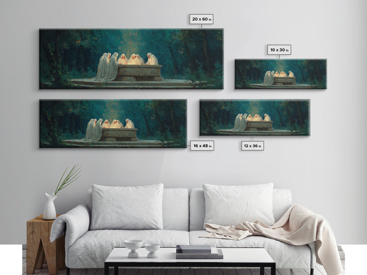 Spiritual Gathering Of Monks Around Glowing Stone Altar Framed Canvas Print