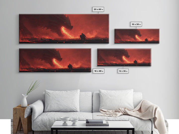 Dramatic Canvas Print Depicting Brave Knight Facing Ferocious Fire Breathing Dragon In Fiery Red Landscape Epic Fantasy Wall Art For Home And Office Decor