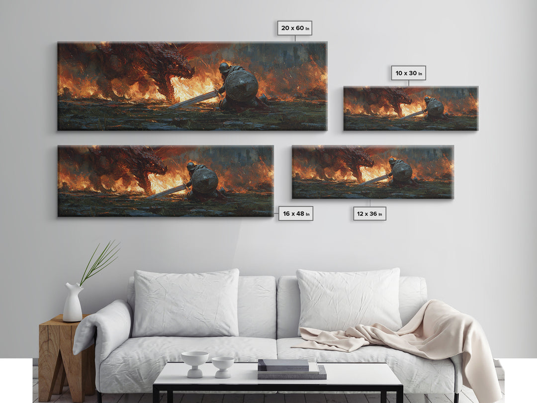 Heroic Knight Facing Fiery Dragon Fantasy Battle Scene Canvas Print Modern Wall Art For Living Room Or Game Room Decor