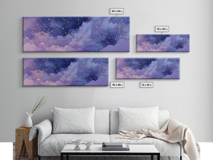 Purple Night Sky With Gold Constellations Wall Art, Celestial Wall Decor, Astronomy Art Print, Large Horizontal Canvas Print