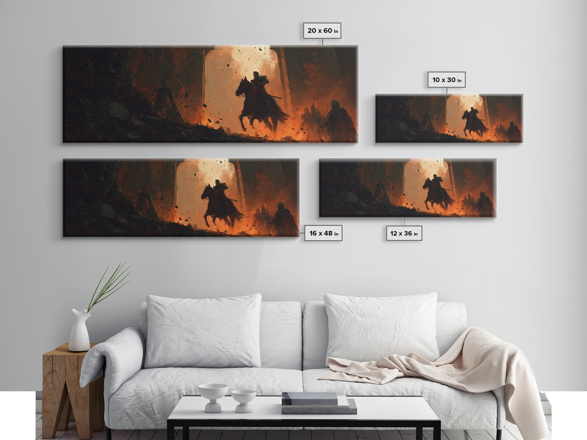 Dramatic Medieval Knight With Sword Riding Horse Through Fiery Castle Gate Abstract Wall Art