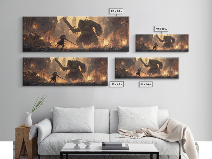 Fantasy Art Scene Of Knight Fighting Giant Ogre In Burning Medieval Town Wall Art Framed Canvas Print