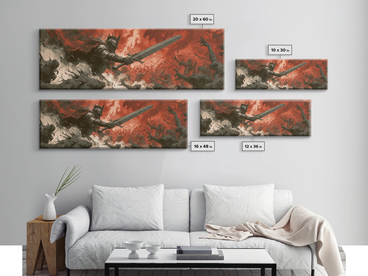Epic Armored Knight Battling Dark Creatures In Fiery Fury Fantasy Canvas Print For Dramatic Wall Art Decor