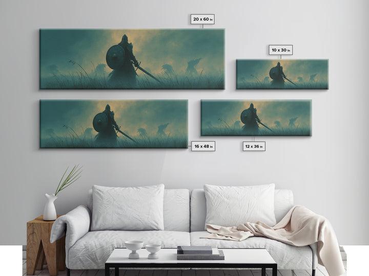 Brave Knight Standing Before Shadowy Dragon Figures Surrounded By Fog Canvas Print Large Wall Art For Dark Fantasy Decor