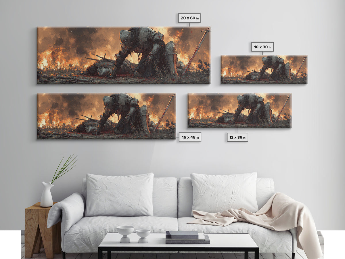 Epic Knight And Fallen Warrior Medieval Battle Scene Dramatic Oil Painting Style Wall Art Canvas Print