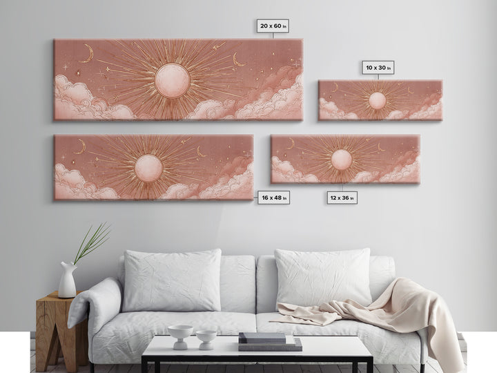 Rose Gold Sun And Twin Moons Wall Art, Celestial Wall Decor, Boho Bedroom Decor, Mystical Large Horizontal Framed Canvas Print