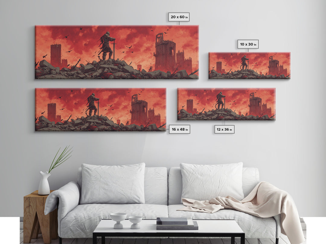 Epic Knight On Battlefield Amid Ruins With Dramatic Red Sky Wall Art Framed Canvas Print For Medieval Decor