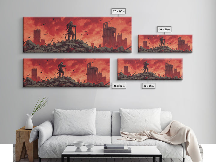 Epic Knight On Battlefield Amid Ruins With Dramatic Red Sky Wall Art Framed Canvas Print For Medieval Decor