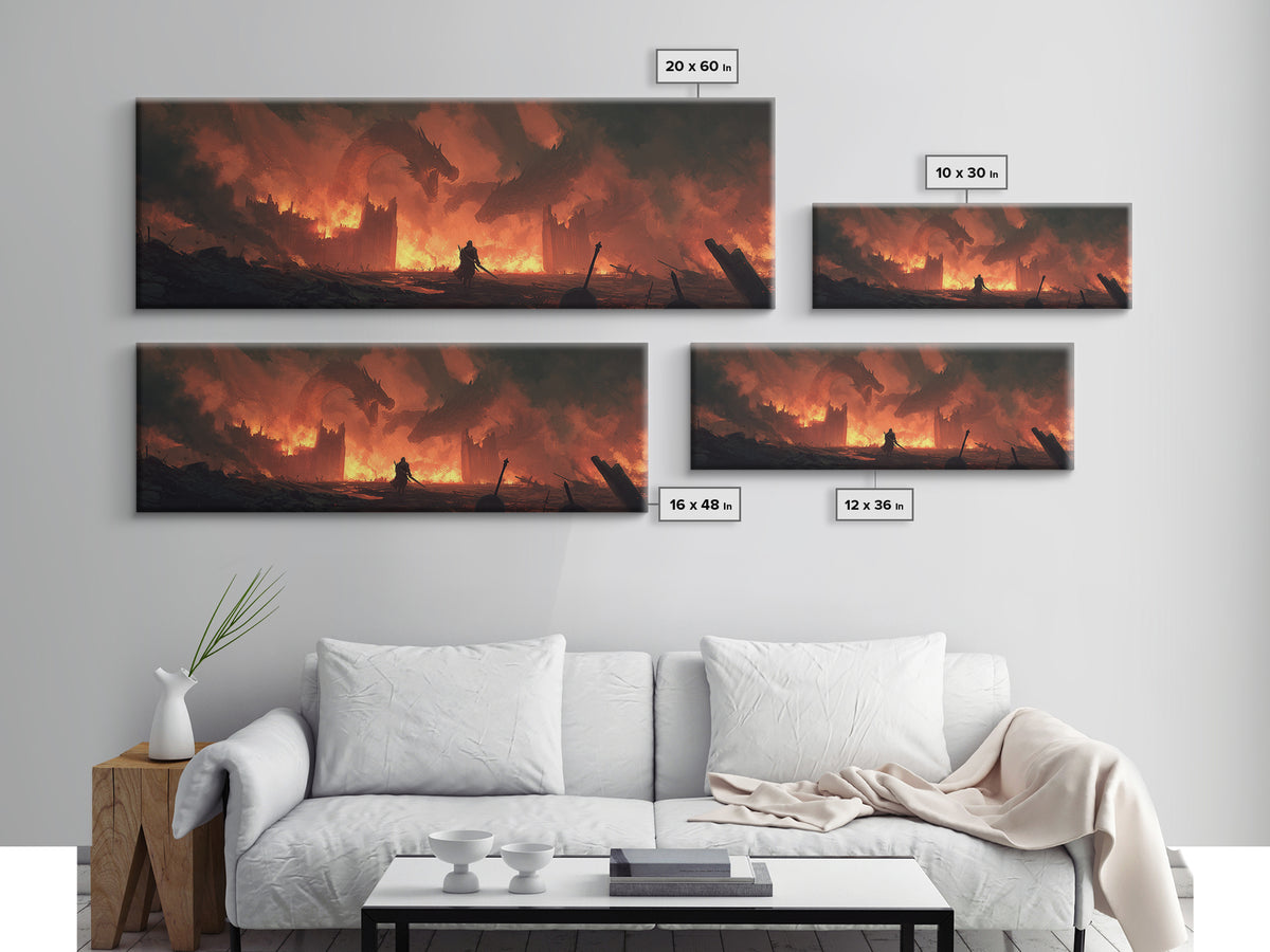 Epic Fantasy Warrior In Fiery Castle With Dragons Wall Art Canvas Print For Game Room Or Bedroom Decor