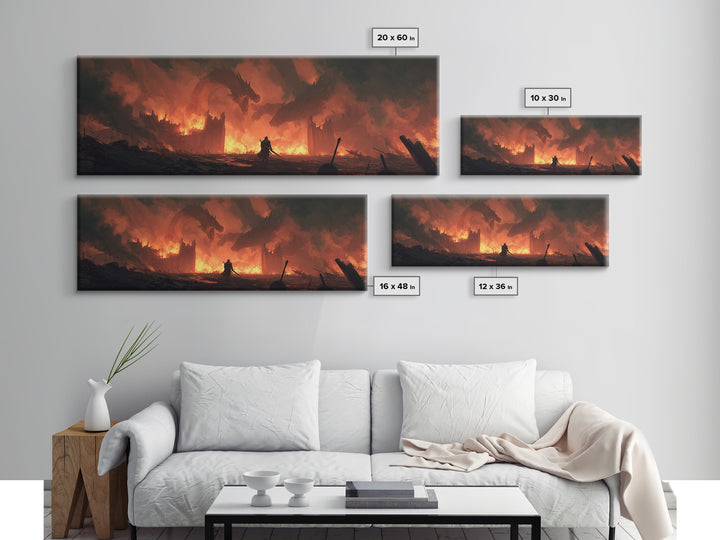Epic Fantasy Warrior In Fiery Castle With Dragons Wall Art Canvas Print For Game Room Or Bedroom Decor