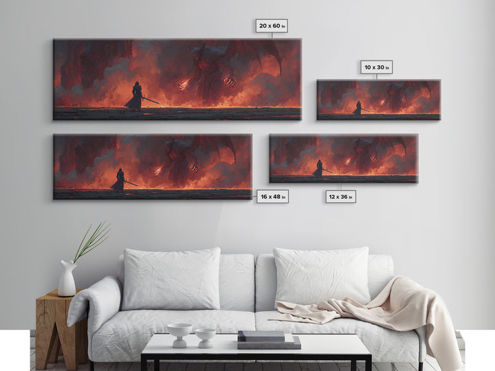 Heroic Fantasy Knight Facing Fiery Demon In Epic Battle Scene Wall Art Framed Canvas Print For Game Room, Bedroom, Or Fantasy Art Collectors Gift