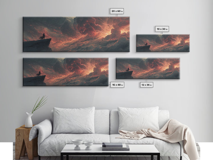 Epic Fantasy Warrior Standing On Cliff Amid Intense Fiery Sky - Dramatic Fantasy Wall Art Canvas Print For Bold Home Decor