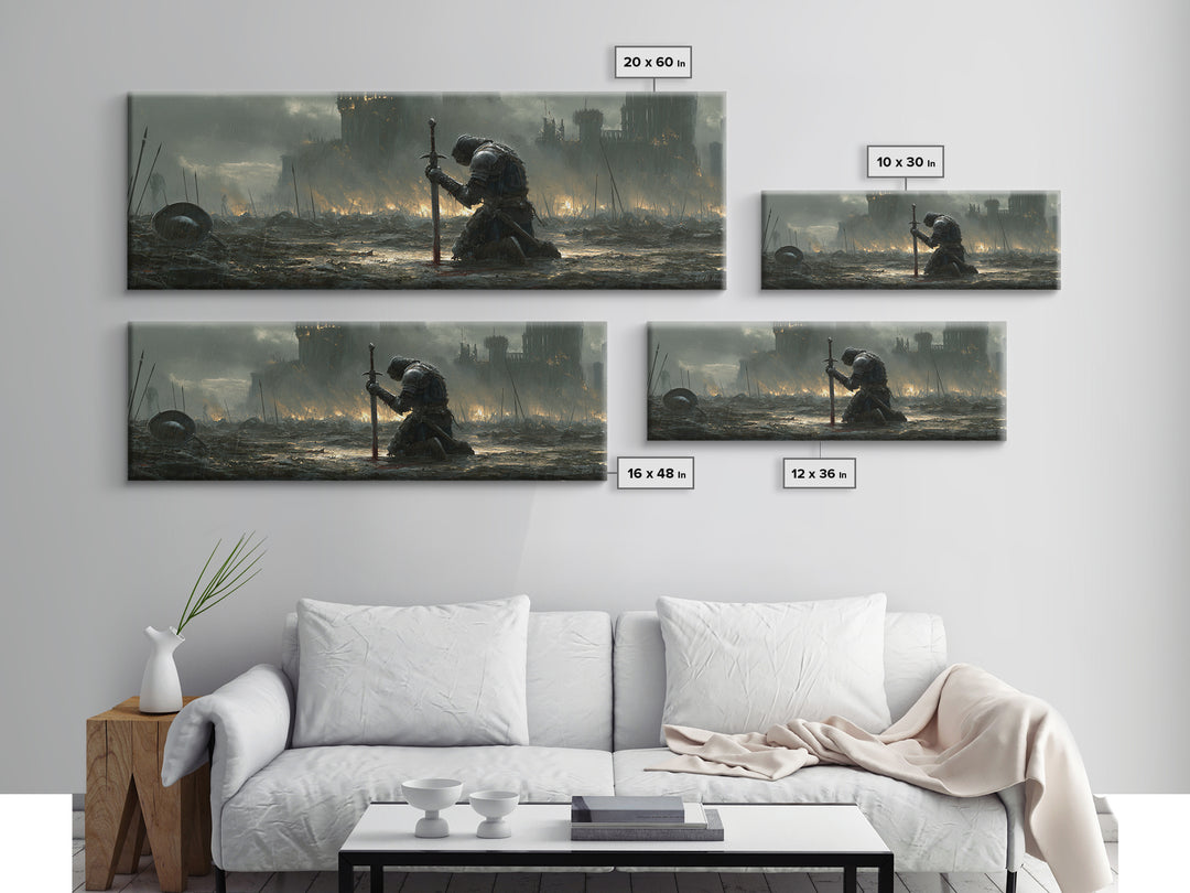 Medieval Knight Kneeling On Battlefield In Rain With Flaming Castle Background Dramatic Wall Art Canvas Print