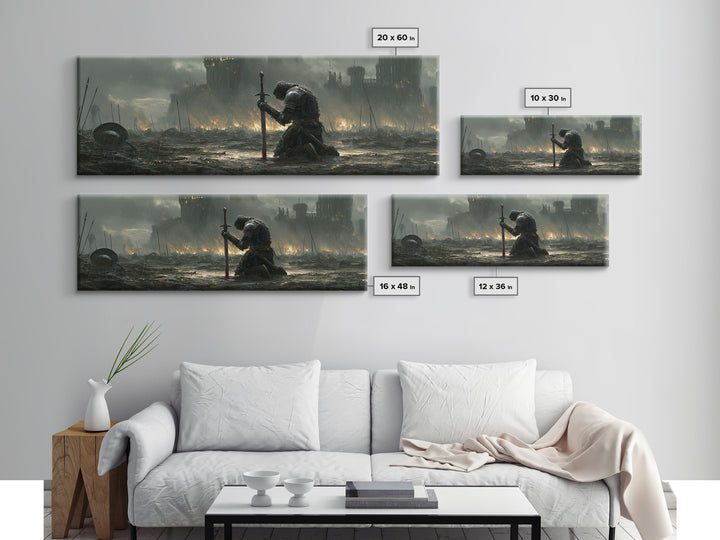 Medieval Knight Kneeling On Battlefield In Rain With Flaming Castle Background Dramatic Wall Art Canvas Print