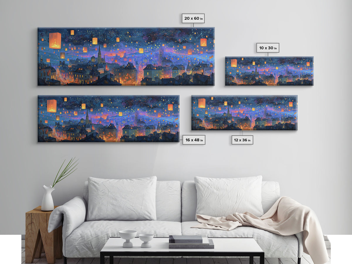 Magical City Skyline With Floating Lanterns And Twinkling Stars Wall Art For Home
