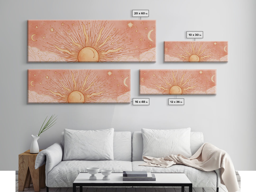 Radiant Orange Sun With Crescent Moons Wall Art, Celestial Wall Decor, Boho Sun And Moon Art, Large Horizontal Canvas Print