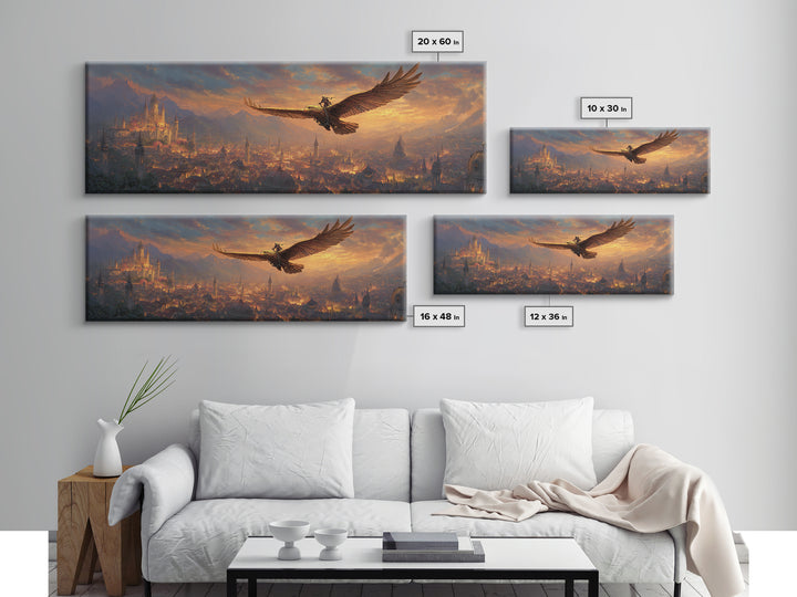 Majestic Castle Landscape With Giant Eagle And Rider At Sunrise Canvas Print Modern Wall Art For Living Room Decor