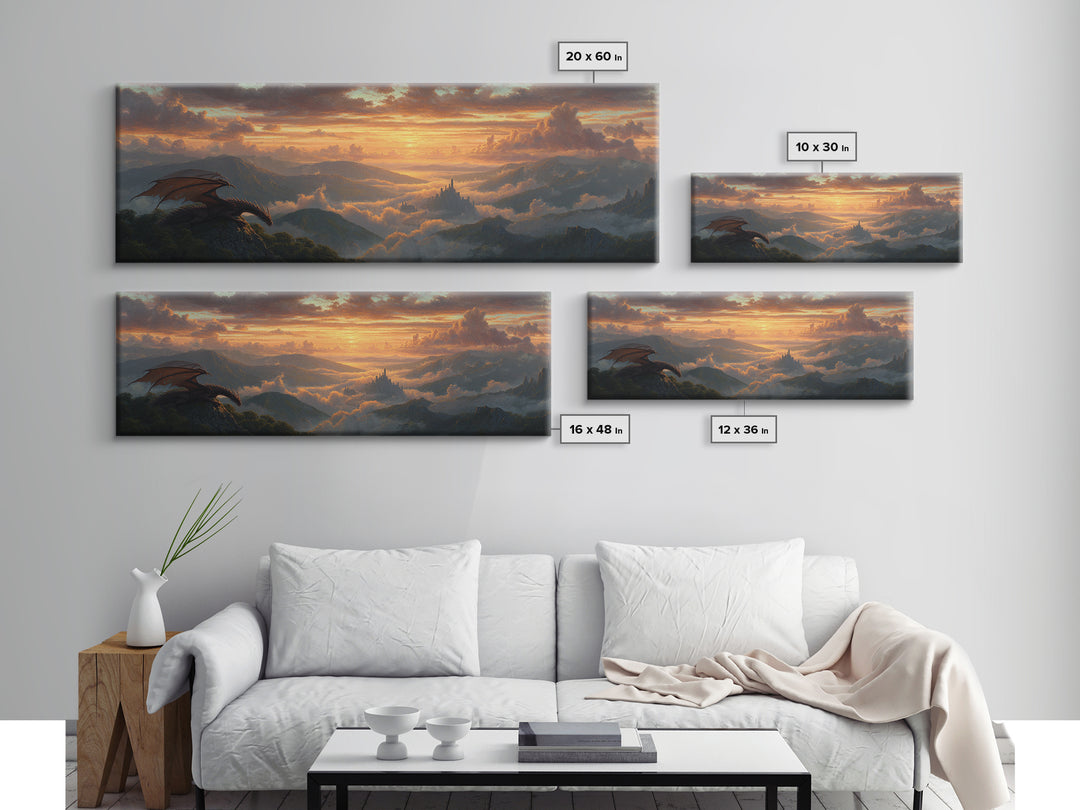 Epic Fantasy Scene With Dragon Flying Over Mountain Landscape At Sunset Large Wall Art Canvas Print For Bedroom Decor