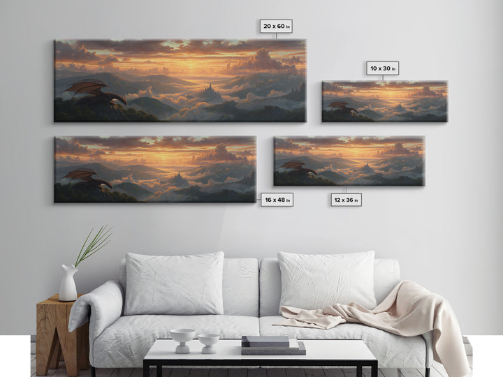 Epic Fantasy Scene With Dragon Flying Over Mountain Landscape At Sunset Large Wall Art Canvas Print For Bedroom Decor