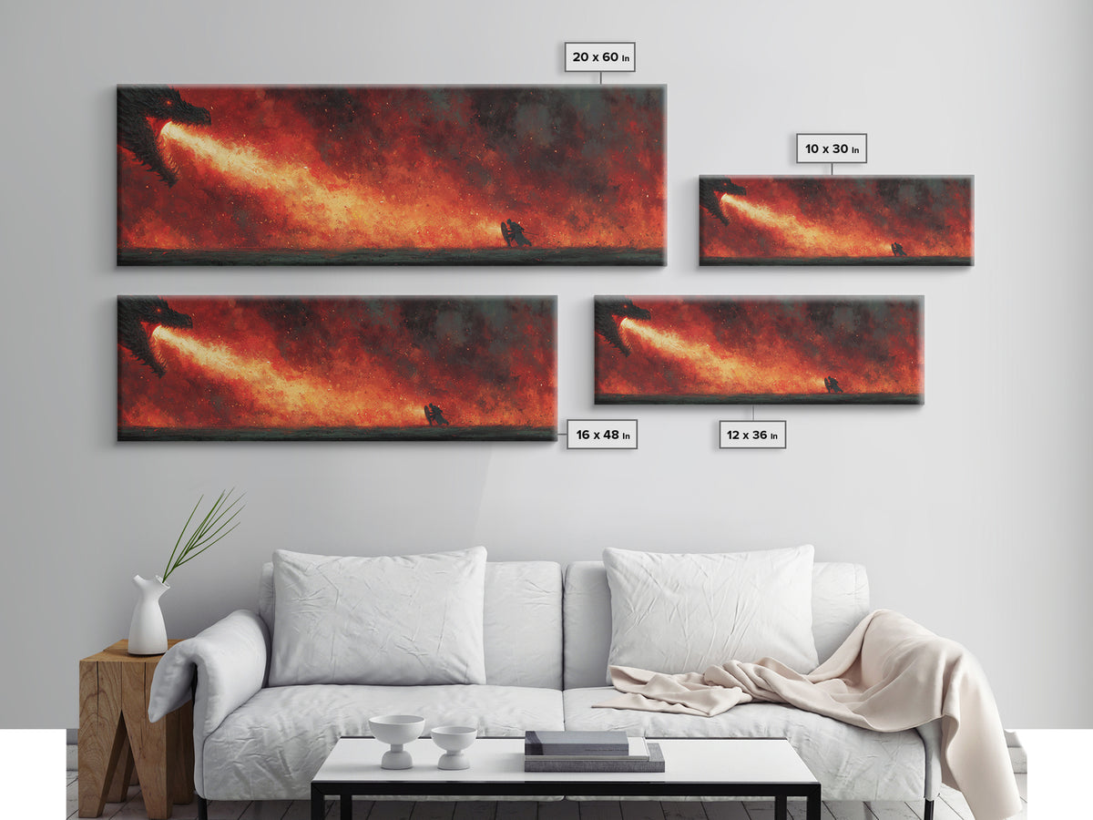Epic Fantasy Dragon Breathing Fire At Warrior In Armor Wall Art Canvas Print Dramatic Mythical Battle Scene For Game Room Or Man Cave Home Decor