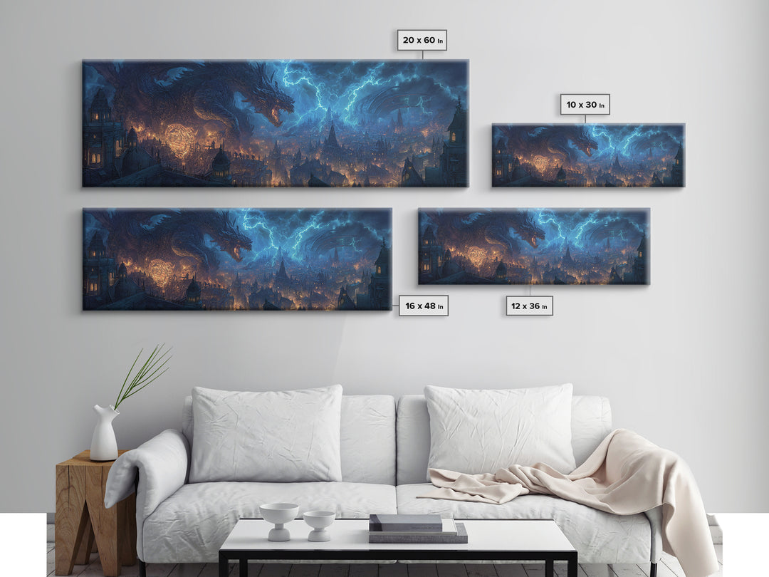 Epic Dragon Breathing Lightning Over Medieval Cityscape Wall Art Dramatic Fantasy Canvas Print Home Decor