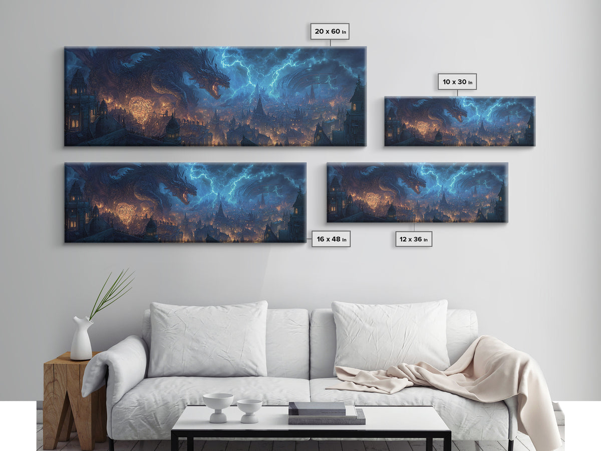 Epic Dragon Breathing Lightning Over Medieval Cityscape Wall Art Dramatic Fantasy Canvas Print Home Decor