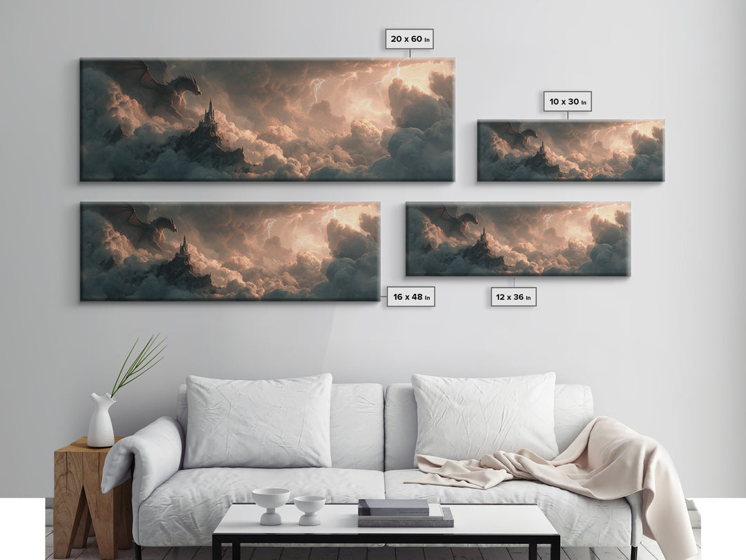 Dark Dragon Castle In Storm Clouds Canvas Print, Epic Fantasy Wall Art, Gothic Decor, Surreal Art, Gift For Gamer, Gaming Room Decor