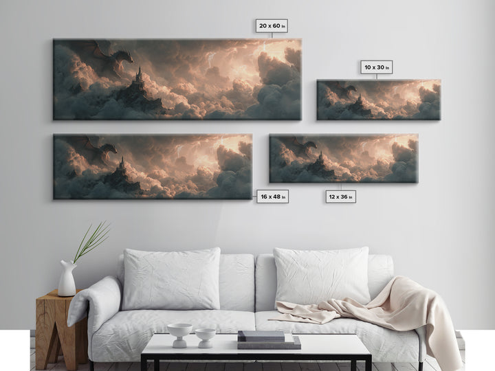 Dark Dragon Castle In Storm Clouds Canvas Print, Epic Fantasy Wall Art, Gothic Decor, Surreal Art, Gift For Gamer, Gaming Room Decor