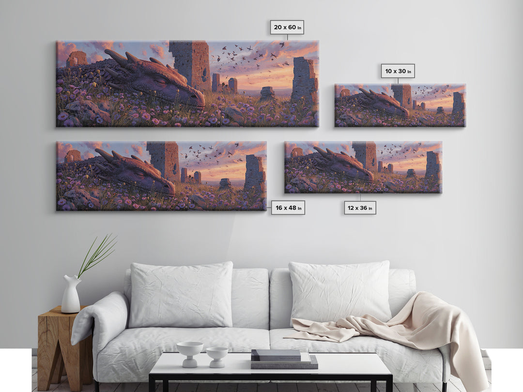 Sleeping Dragon Among Purple Wildflowers With Ancient Ruins Wall Art Print Magical Fantasy Canvas Print