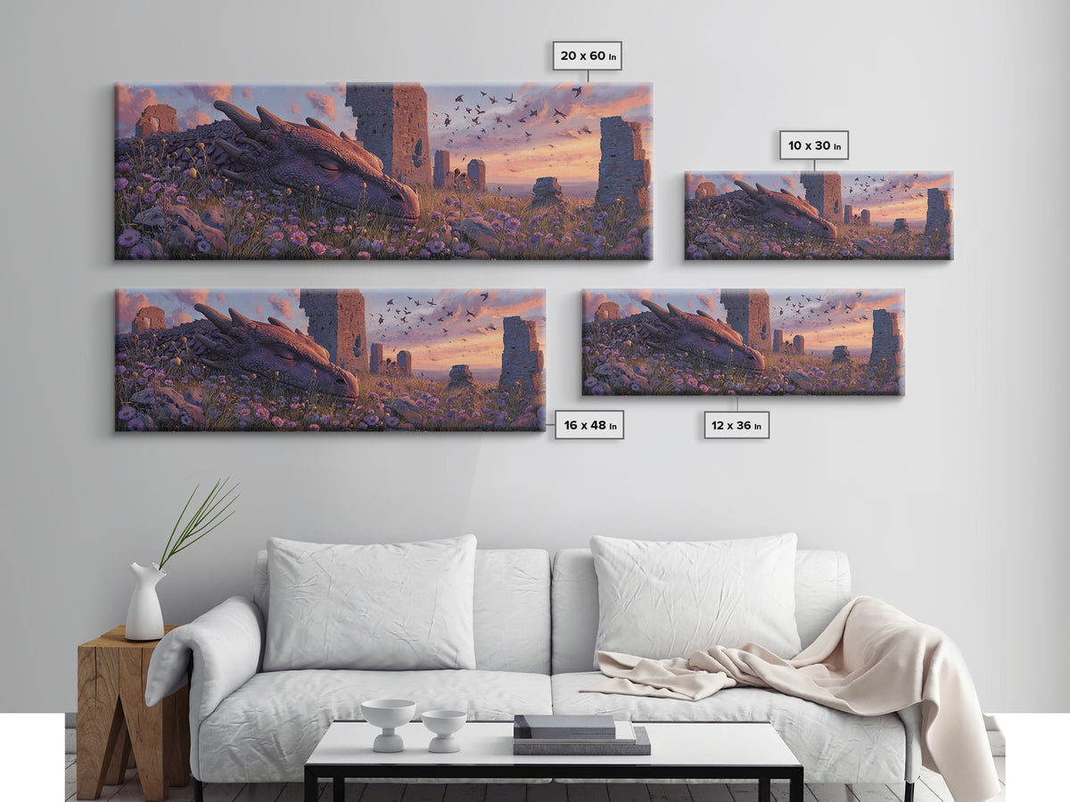 Sleeping Dragon Among Purple Wildflowers With Ancient Ruins Wall Art Print Magical Fantasy Canvas Print