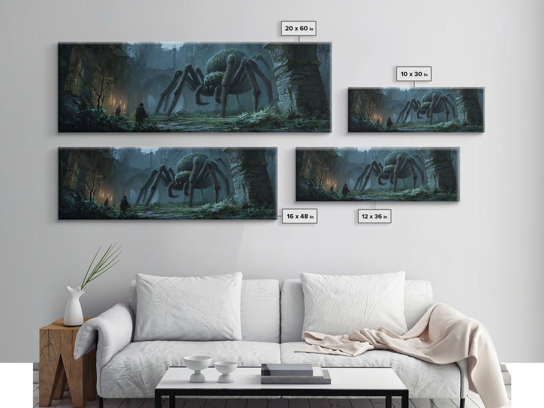 Giant Spider In Ancient Ruins With Adventurers, Dark Fantasy Illustration Wall Art Print, Framed Canvas Print For Gothic And Fantasy Decor