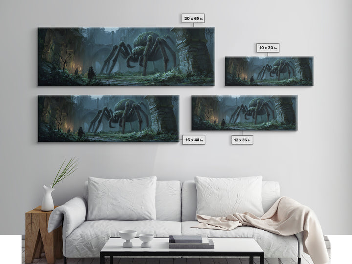 Giant Spider In Ancient Ruins With Adventurers, Dark Fantasy Illustration Wall Art Print, Framed Canvas Print For Gothic And Fantasy Decor