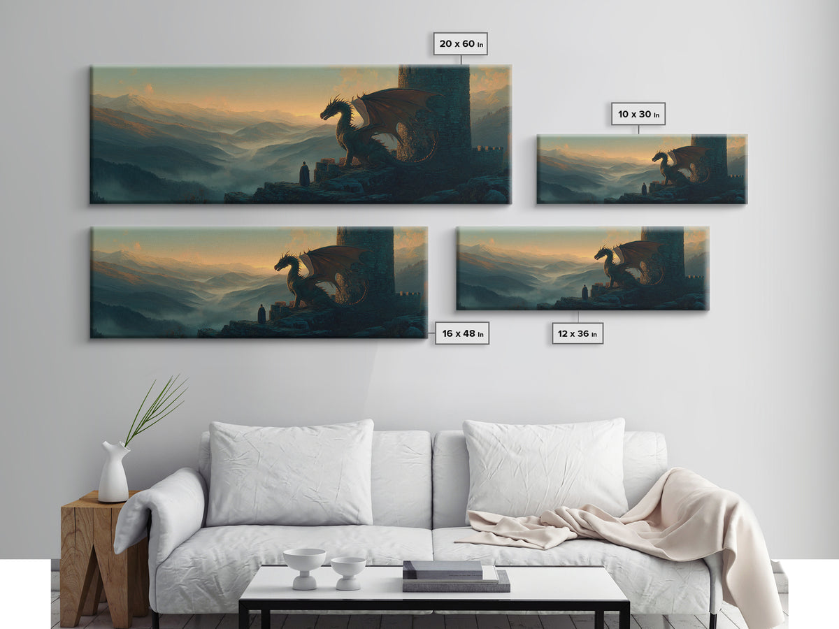Mystical Scene Of Hooded Figure Facing Dragon On Rocky Ledge Above Foggy Valleys Fantasy Wall Art Canvas Print