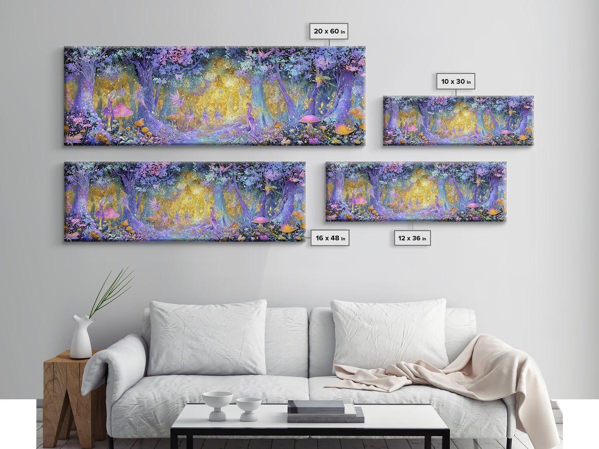 Enchanting Forest Fairy Dance With Magical Mushrooms And Glowing Lights Whimsical Wall Art Framed Canvas Print