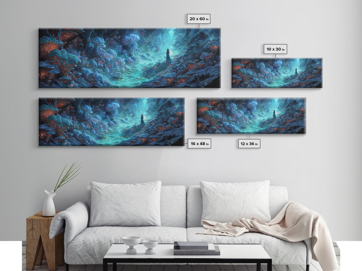 Surreal Fantasy Glowing Cave With Blue Mushroom Forest Wall Art Canvas Print For Mystical Decor And Unique Gift Ideas
