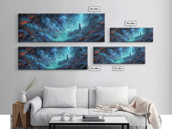 Surreal Fantasy Glowing Cave With Blue Mushroom Forest Wall Art Canvas Print For Mystical Decor And Unique Gift Ideas