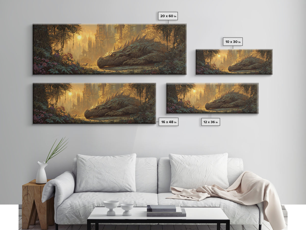 Fantasy Dragon Resting Peacefully In Enchanted Forest With Castle - Magical Fantasy Wall Art Canvas Print For Unique Home Decor
