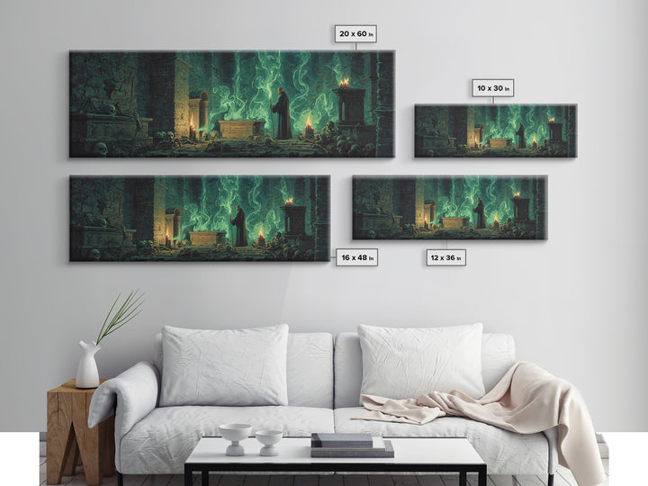 Mystical Wizard In Ancient Crypt With Glowing Green Flames Wall Art Modern Fantasy Decor Framed Canvas Print Unique Gift