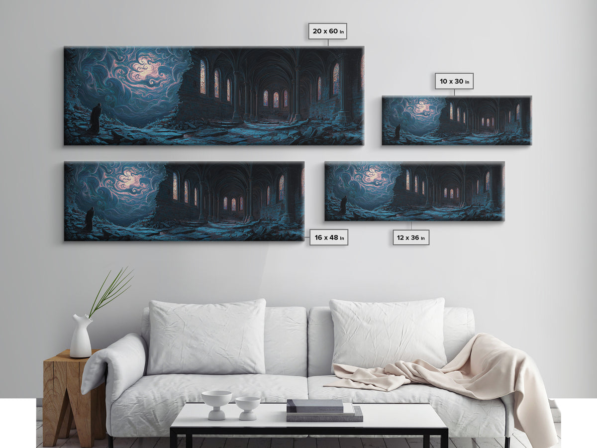 Majestic Ruined Gothic Church Scene At Night Fantasy Art Canvas Print For Dark Academia Wall Decor And Mystical Room Art
