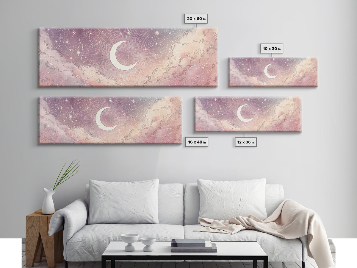 White Crescent Moon Over Pink Clouds Wall Art, Whimsical Celestial Nursery Decor, Dreamy Bedroom Decor, Framed Canvas Print