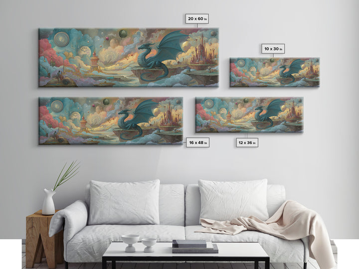Majestic Blue Dragon Sitting On Floating Islands In Surreal Fantasy Landscape Wall Art Poster Print