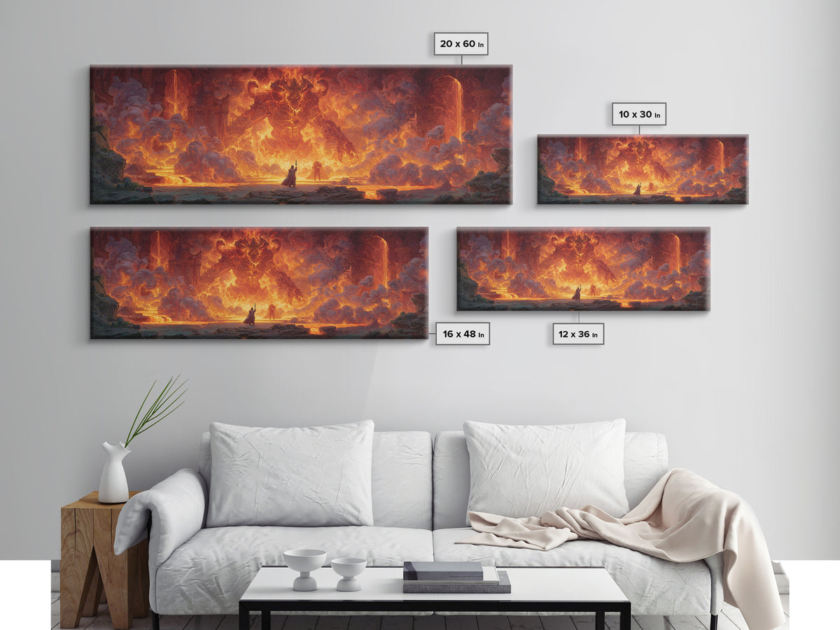 Fire Elemental Giant Facing Brave Warrior In Fiery Landscape Canvas Print Bold Large Wall Art For Dramatic Home Decor