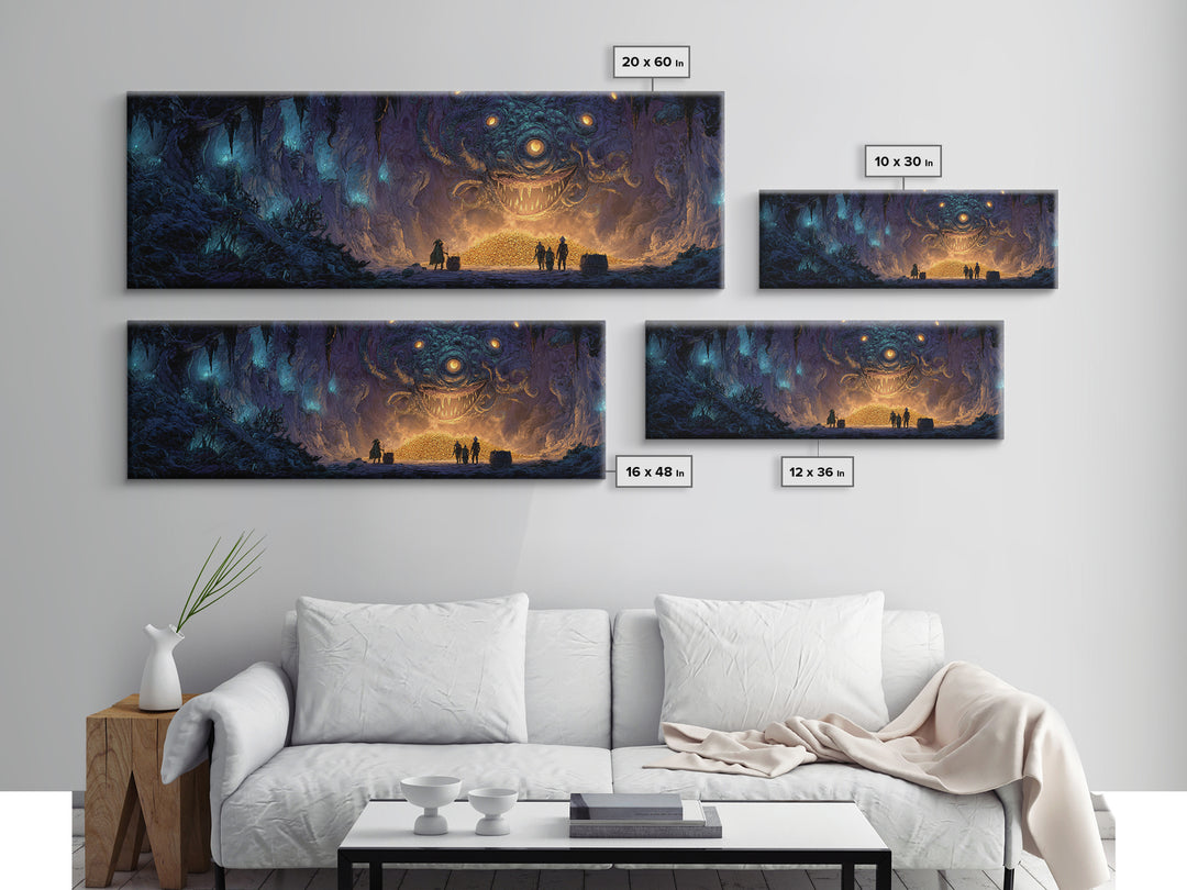 Fantasy Dungeon Scene With Beholder And Adventurers Original Illustration Wall Art Canvas Print For Gamers And Game Room Decor