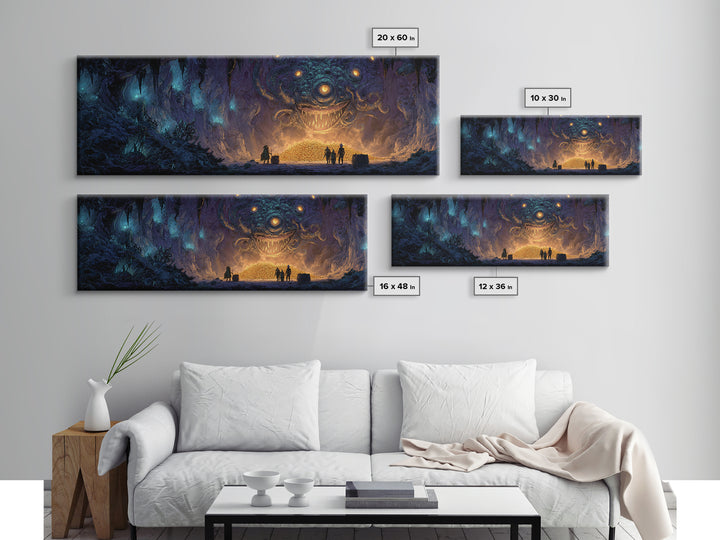 Fantasy Dungeon Scene With Beholder And Adventurers Original Illustration Wall Art Canvas Print For Gamers And Game Room Decor
