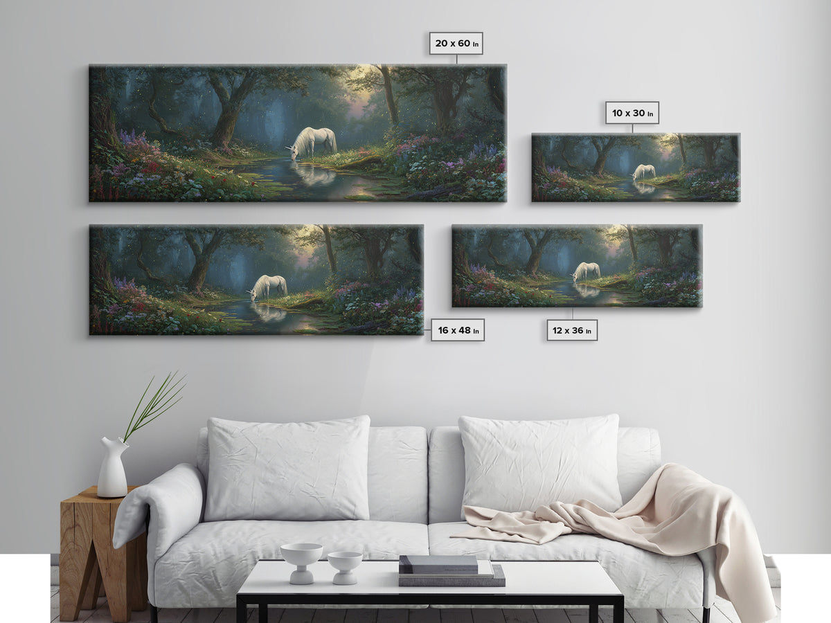 Magical Forest Unicorn Drinking From Stream With Enchanting Light Wall Art Framed Canvas Print For Fantasy Decor Kids Room