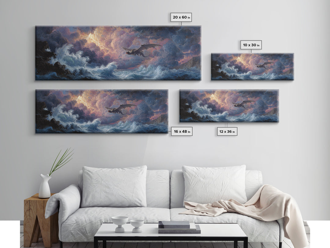 Stormy Seascape With Dragon Emerging From Ocean Waves Fantasy Wall Art Framed Canvas Print For Living Room Decor