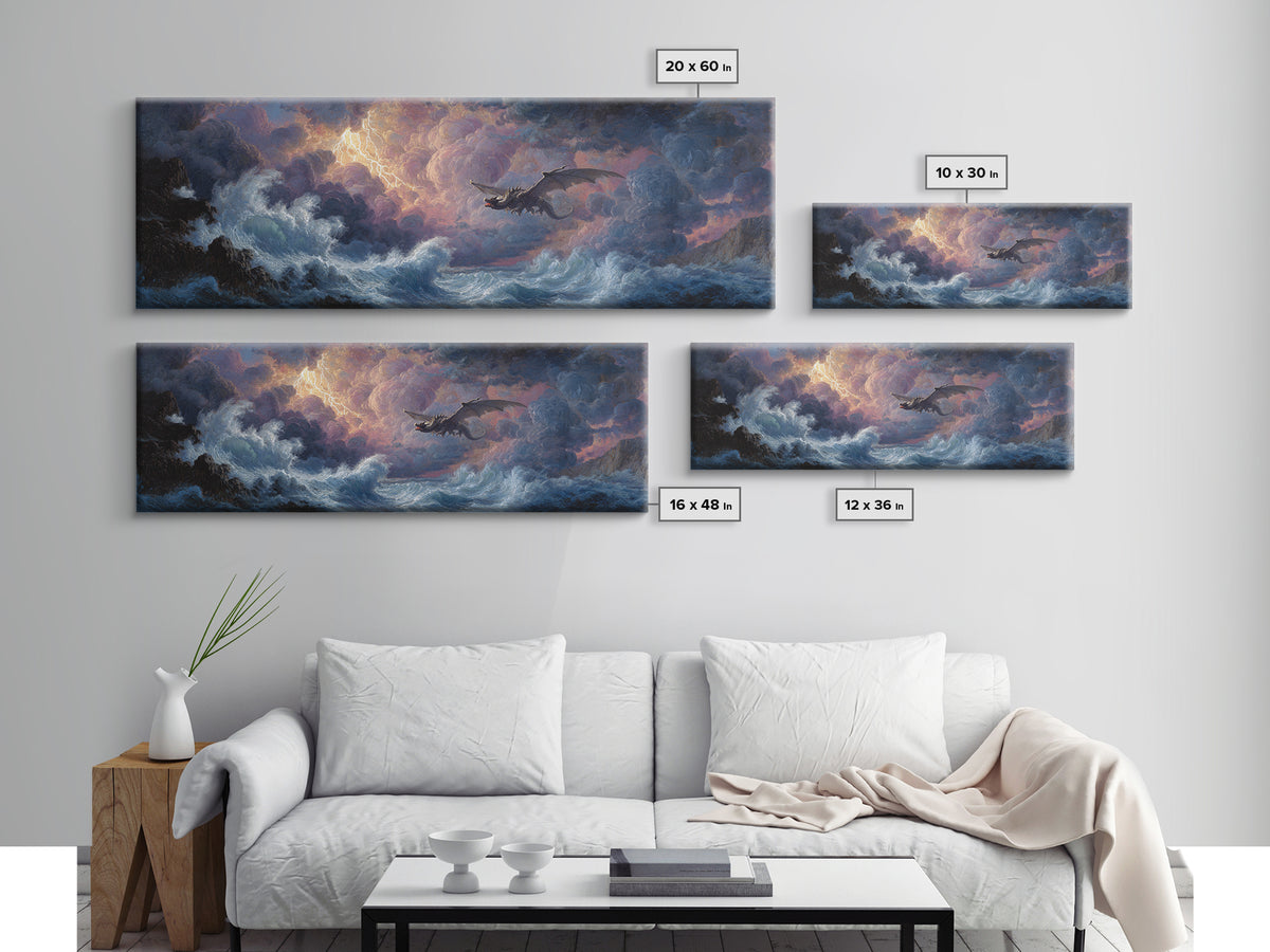 Stormy Seascape With Dragon Emerging From Ocean Waves Fantasy Wall Art Framed Canvas Print For Living Room Decor