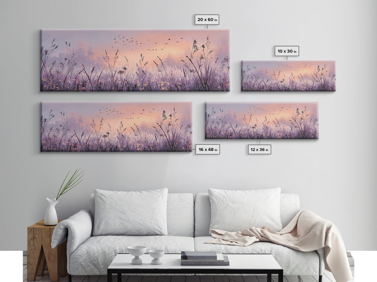 Lavender Wildflower Meadow At Sunset Wall Art, Pastel Nature Wall Decor, Calming Bedroom Decor, Large Horizontal Canvas Print